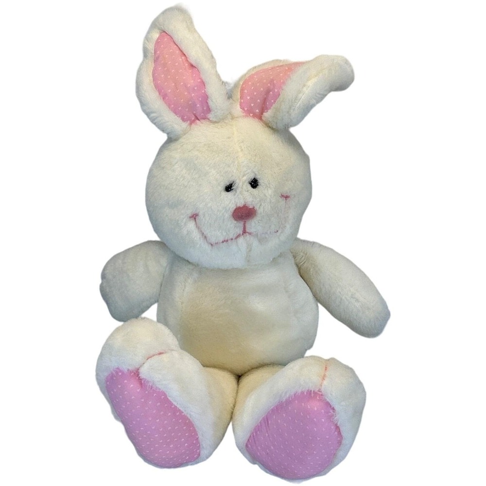 Vintage Dakin‎ White Bunny Rabbit Plush Pink Ears Big Feet White Heart Pattern